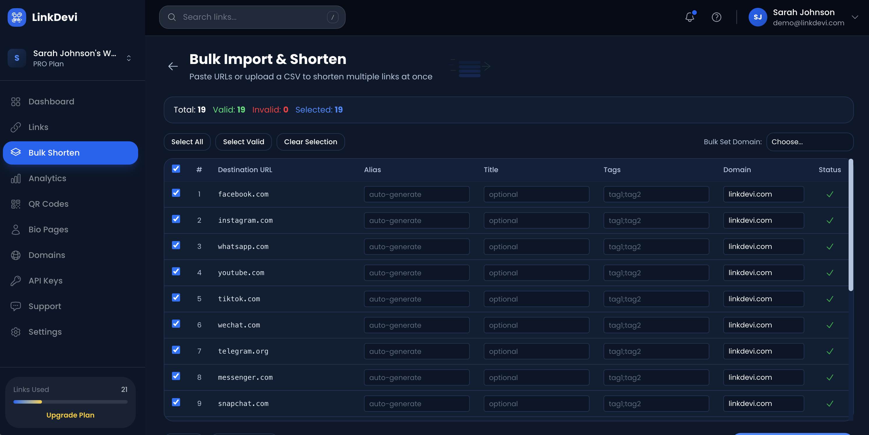 Bulk Import preview table showing validated URLs with alias, title, tags, domain columns and status indicators
